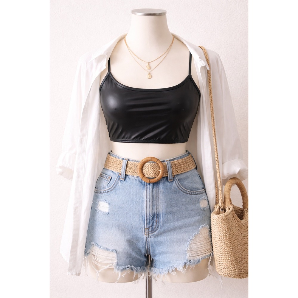 Windsor Black Faux Leather Crop Top Spaghetti Strap Scoop Neck NWT Size L